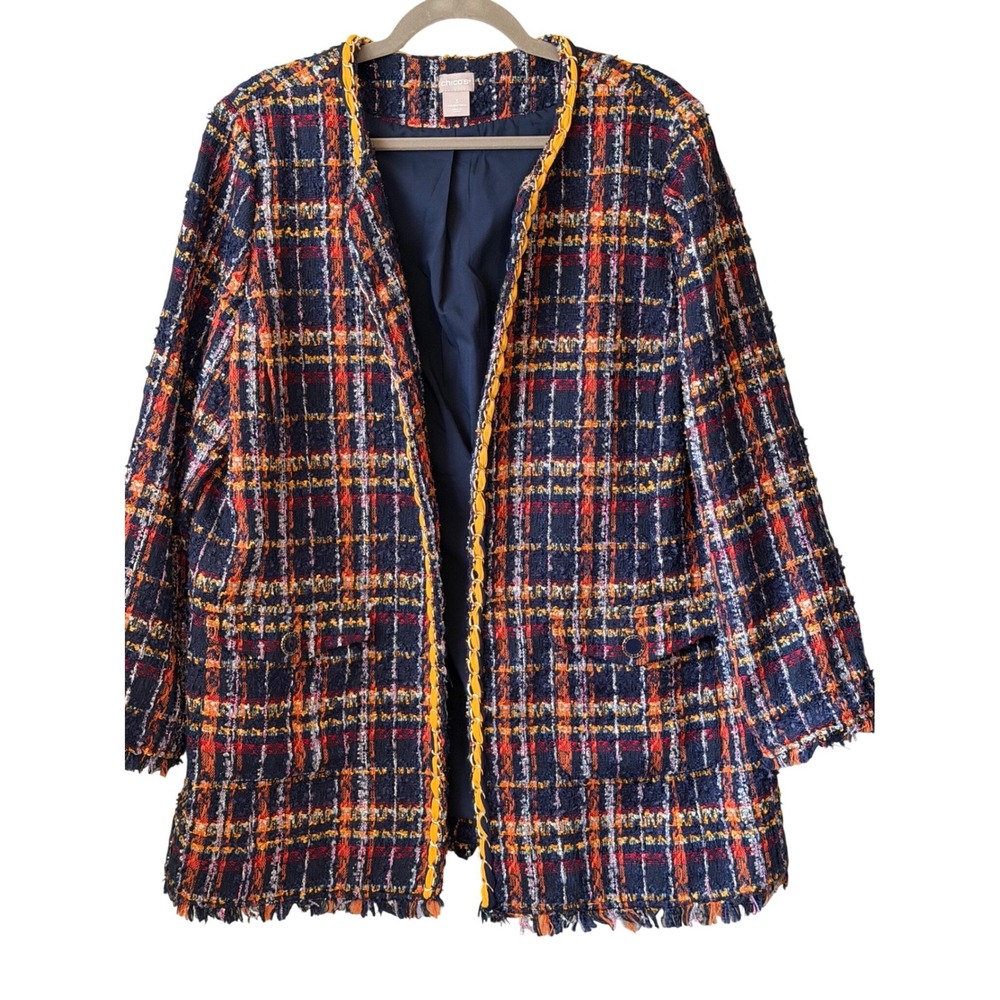 Chicos Multi Color Plaid Tweed Fringe Open Front Jacket Coat Size 3 US‎ 16/18